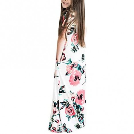 Fashspo Girl's Summer Maxi Dress Short Sleeve Floral Casual Printed Empire Waist Long Party Dress with Pockets 2-10T