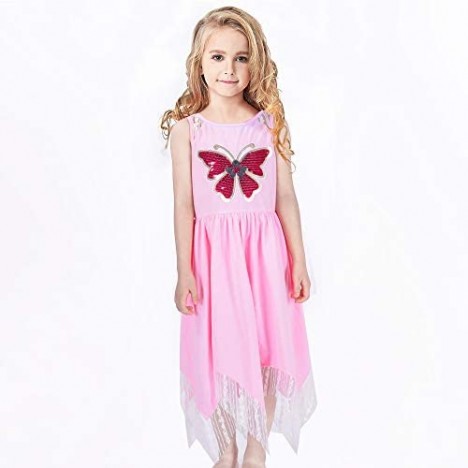 Girls Dress Hanky Hem Butterfly Sequins Embroidered Pink Cotton Size