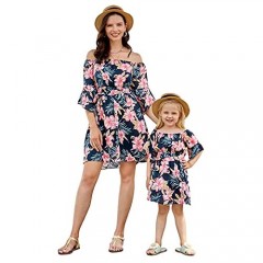 Mumetaz Mommy and Me Dresses Floral Printed Chiffon Ruffles A-Line Bowknot Sweet Swing Short Dress