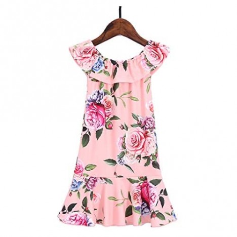 Mumetaz Mommy and Me Dresses Pink Sweet Floral Printed Ruffles Matching Outfits Long Midi Dress