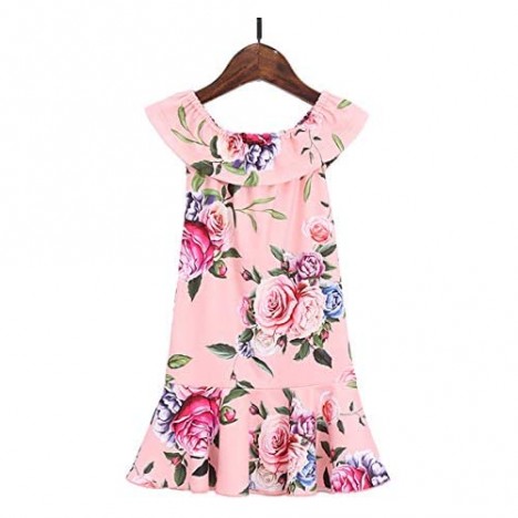 Mumetaz Mommy and Me Dresses Pink Sweet Floral Printed Ruffles Matching Outfits Long Midi Dress