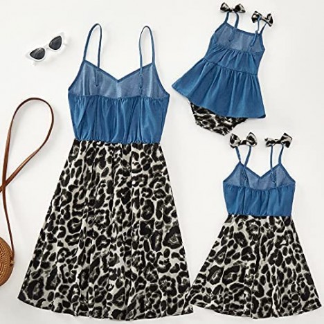 Mumetaz Mommy and Me Dresses Sweet Floral Printed Leopard Bowknot Straps Summer Matching Sleeveless Dress
