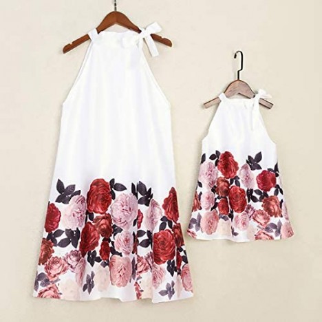 PopReal Mommy and Me Floral Printed Dresses Halter Neck Sleeveless Casual Loose Party Matching Outfits