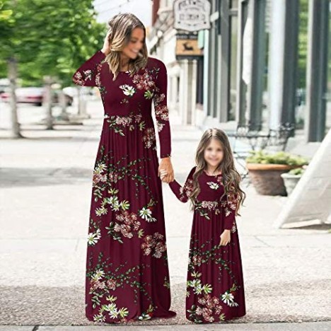 PopReal Mommy and Me Maxi Dresses Casual Floral Printed Plaid Long Sleeve with Pockets