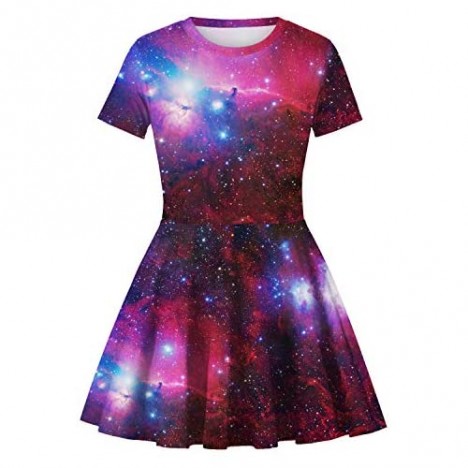 TENMET Girl's Dress 3D Galaxy Unicorn Print Short Sleeve Swing Skirt Casual Kids Party Dress 8-11Y