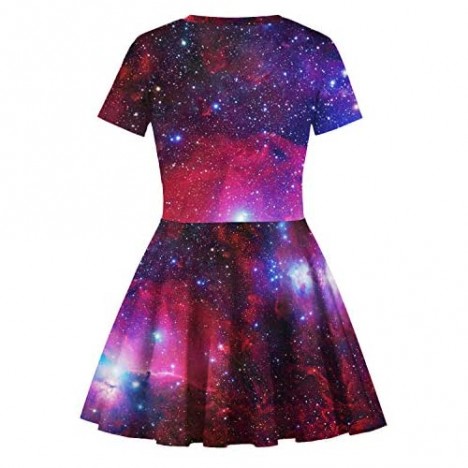 TENMET Girl's Dress 3D Galaxy Unicorn Print Short Sleeve Swing Skirt Casual Kids Party Dress 8-11Y