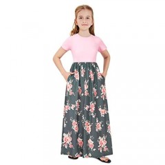 TUONROAD Girl's Long Sleeve Patchwork Floral Pleated Loose Casual Swing Long Maxi Dress with Pockets 6-13 Years