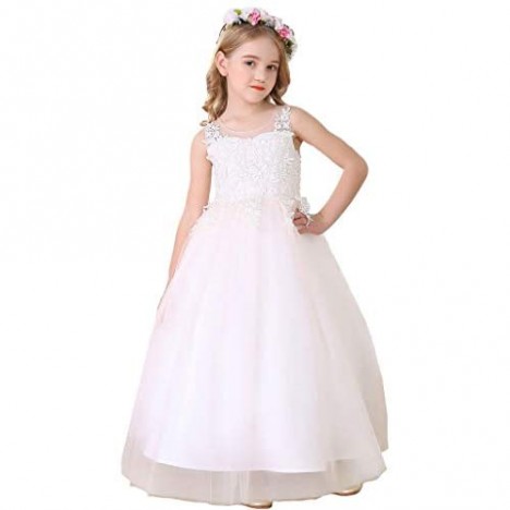 Bow Dream Lace Flower Girl Dress Tulle Wedding First Holy Communion Baptism Dress
