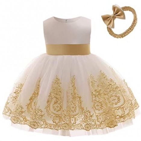 CMMCHAAH 0-6T Baby Girls Pageant Lace Embroidery Dresses Toddler Party Bowknot Tutu Gown Dress with Headwear