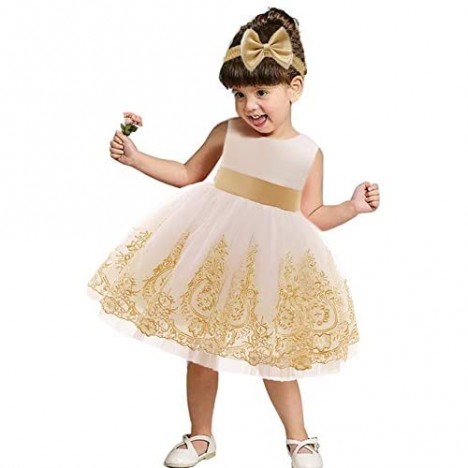 CMMCHAAH 0-6T Baby Girls Pageant Lace Embroidery Dresses Toddler Party Bowknot Tutu Gown Dress with Headwear