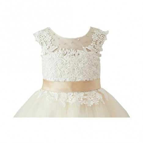 Miama Ivory Lace Champagne Tulle Keyhole Back Wedding Flower Girl Dress Junior Bridesmaid Dress