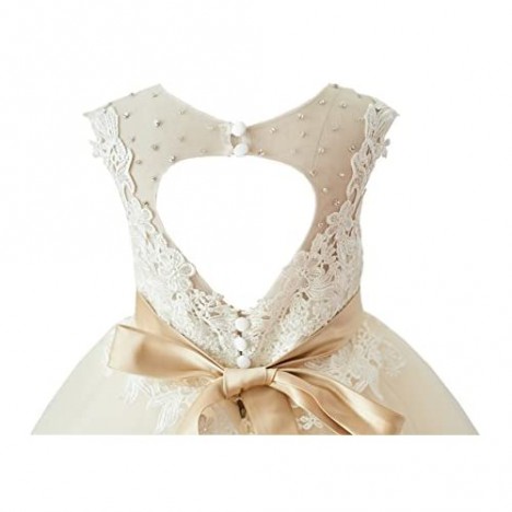 Miama Ivory Lace Champagne Tulle Keyhole Back Wedding Flower Girl Dress Junior Bridesmaid Dress