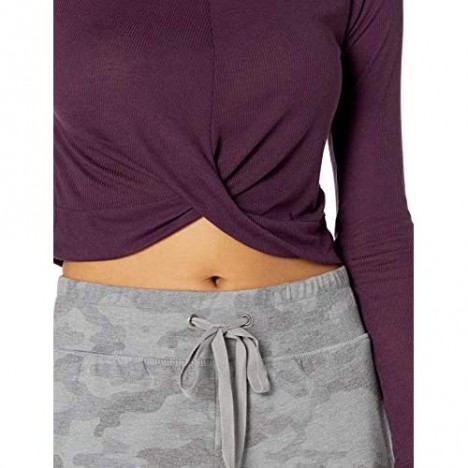 Brand - Core 10 Women's Ultra-Lightweight Semi-Sheer Ribbed Knit Knot Front Cropped Long Sleeve Yoga Shirt