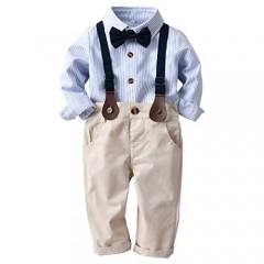 Toddler Kids Boys Gentlemen Suit Stripe Long Sleeve Bow Tie Shirt Suspender Pants Outfits Set