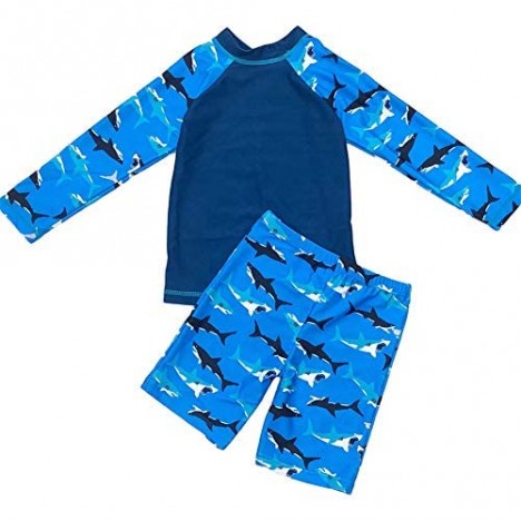 2-Piece Boys Dinosaur&Whale Swimsuit Set Long Sleeve Shirt + Trunks Toddler Swimming Suit Kids Rash Guards Bathing Suits
