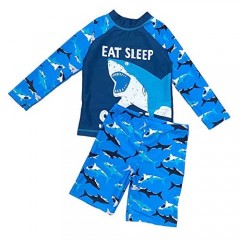 2-Piece Boys Dinosaur&Whale Swimsuit Set Long Sleeve Shirt + Trunks Toddler Swimming Suit Kids Rash Guards Bathing Suits