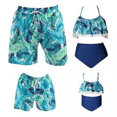 Family Matching Swimsuits - 2 Piece High Waisted Bikini Bathing Suits for Women and Girls - Mens Boy Swim Trunks with Pockets