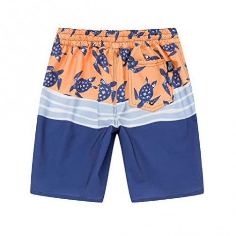 Boy's Spandex Hawaiian Beach Board Shorts with Elastic Tie and Pocket in Classic Hibiscus Print