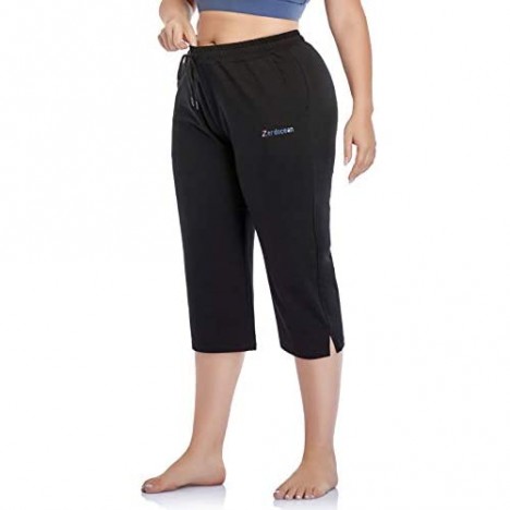 ZERDOCEAN Women's Plus Size Active Yoga Lounge Indoor Jersey Capri Walking Crop Pants with Pockets Drawstring