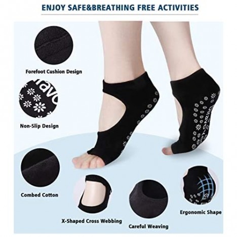 4 Pairs Yoga Socks for Women Non Slip Toeless Non Skid Sticky Socks with Grip for Pilates Barre Ballet Barefoot Socks Size 5-10